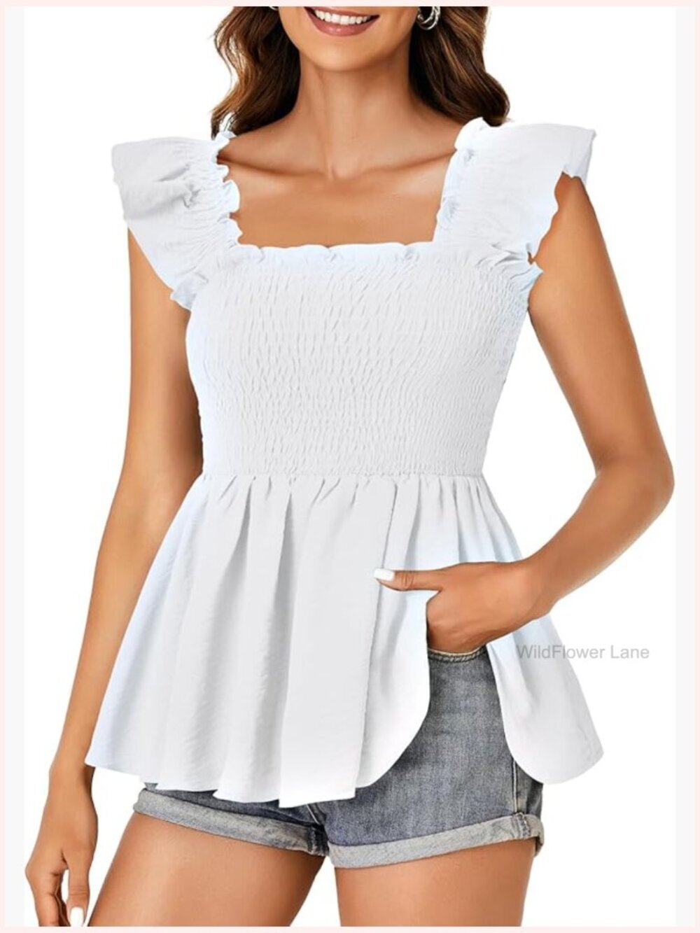 Square Neck Ruffle Cap Sleeve Smocked Peplum Blouse Flowy Babydoll Tank Top